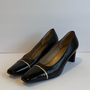 St. John Black Smooth Leather and Patent Cap Toe Pumps